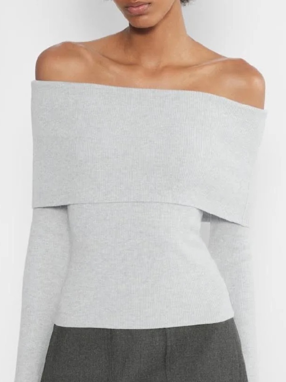 Aritzia Wilfred Off-Shoulder Ribbed Long Sleeve Top in Taupe